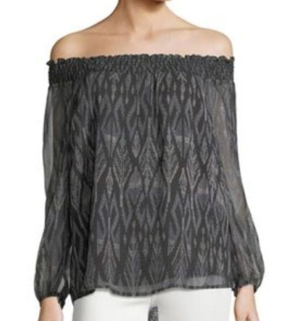 Joie Azzedine Silk Blouse Caviar Gray Off The Shoulder Semi Sheer Top Women's XS